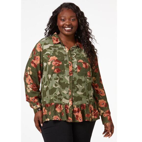 Cato Plus Size Ruffled Floral Camo button up Shirt sz 26 - Picture 2 of 7